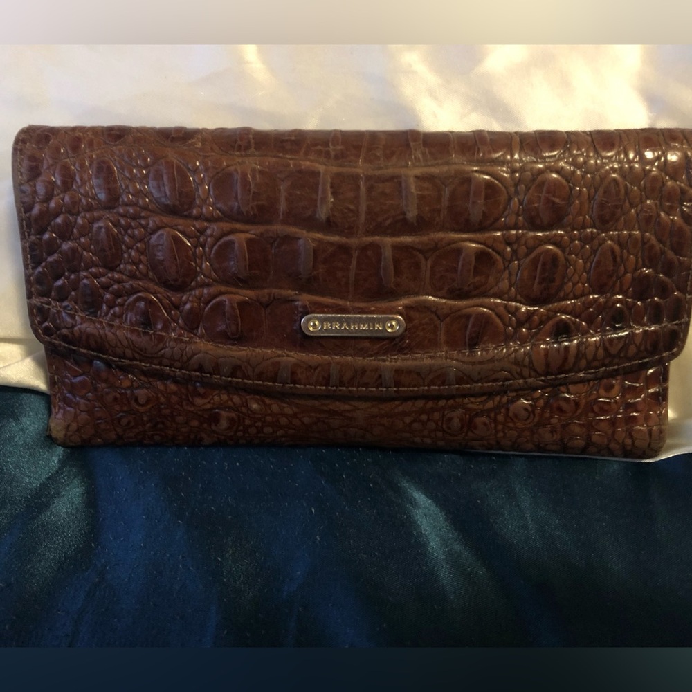 Brahmin Chocolate Brown Croc-Embossed Leather Fold-Over Clutch Wallet